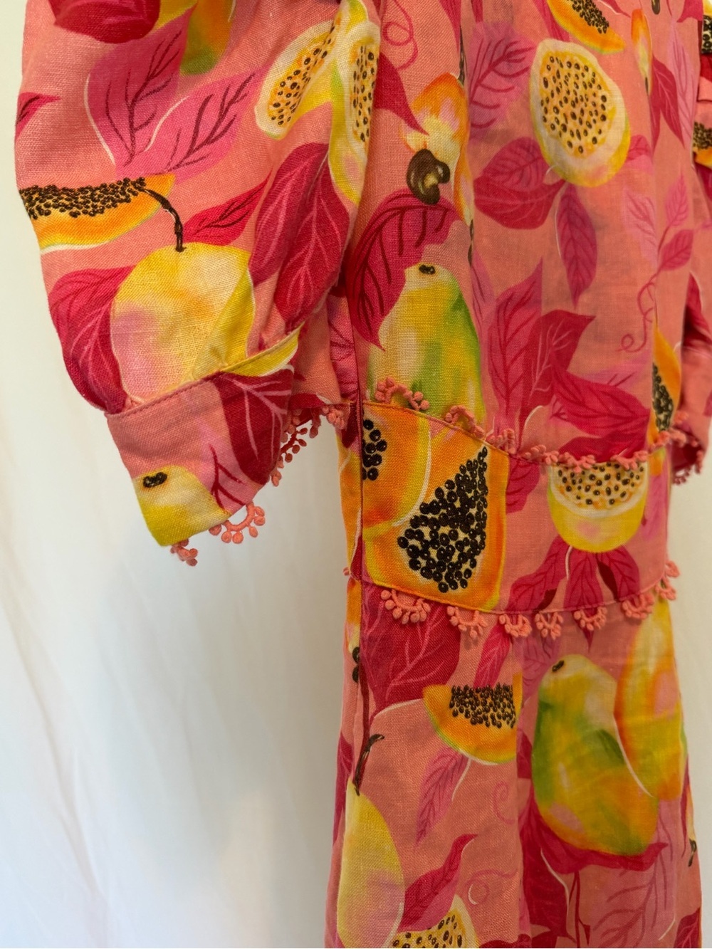 Farm Rio Pink Tropical Fruit Print Linen Blend Midi Dress XS Puff Sleeve READ - Picture 13 of 14